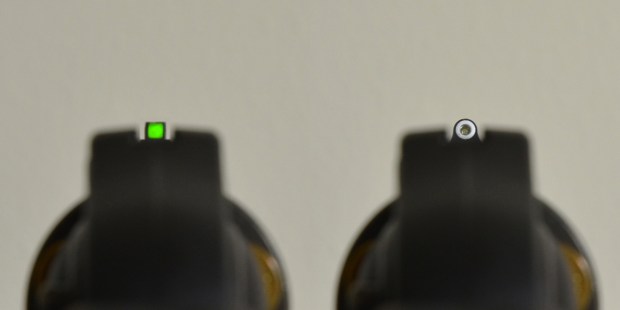 Ruger LCR with:  Hi-Viz Fiber Optic front sight (left) and XS Standard Dot Tritium front sight (right)